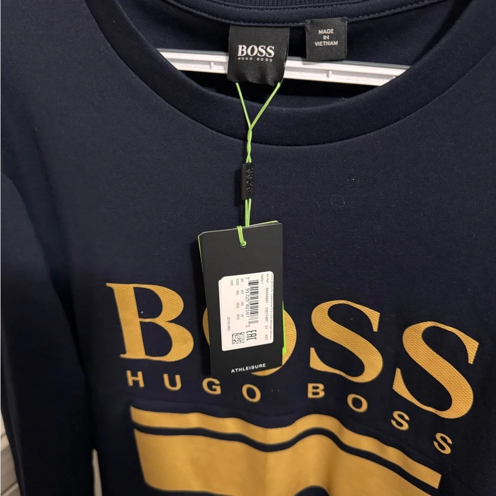 Boss Men's Navy Crewneck Sweatshirt with Gold Logo